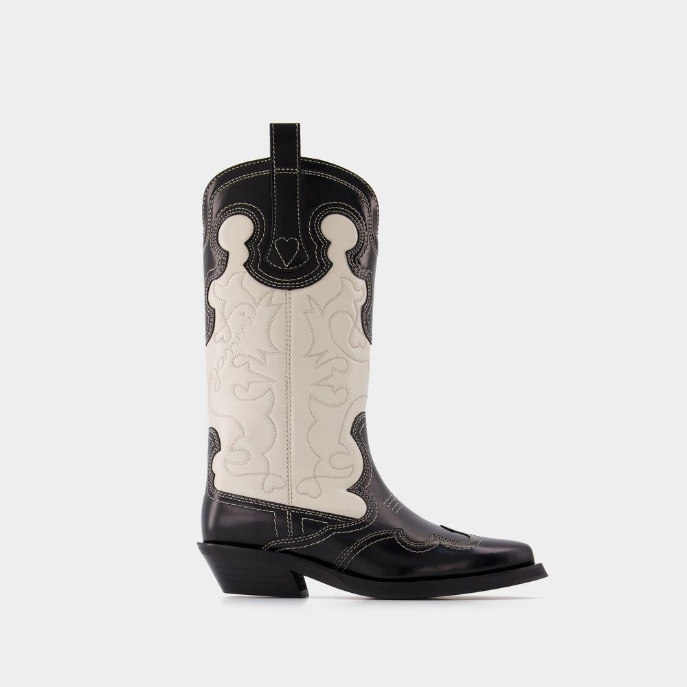 Mid Shaft Embroidered Western Boots in Black Leather商品第1张图片规格展示