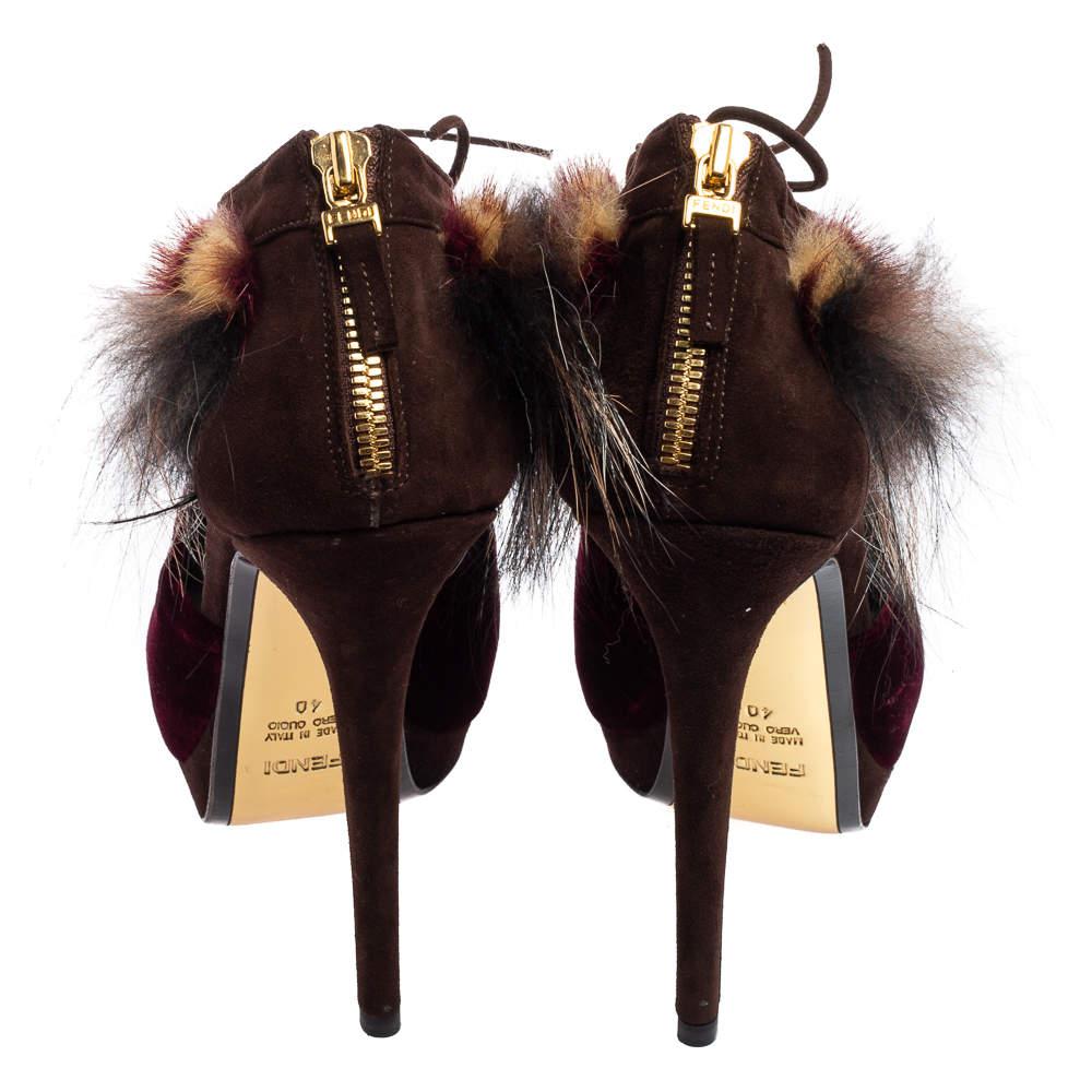 Fendi Burgundy/Brown Velvet, Suede and Fur Trim Lace-Up Peep-Toe Ankle Booties Size 40商品第5张图片规格展示