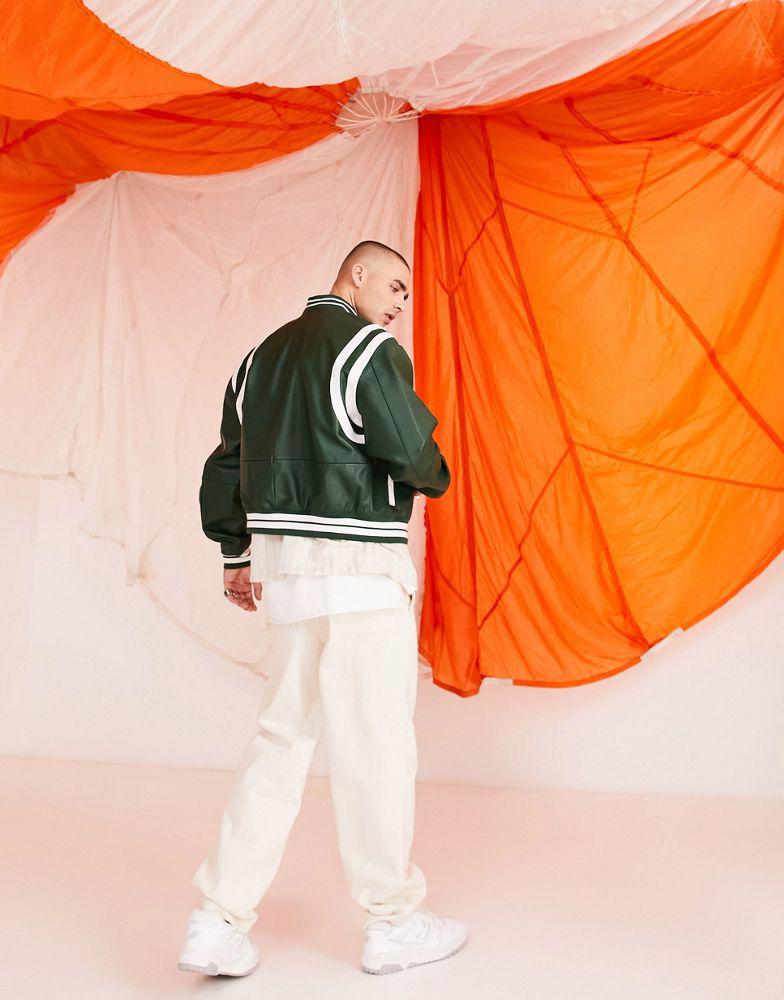 ASOS DESIGN leather varsity bomber jacket in green商品第2张图片规格展示