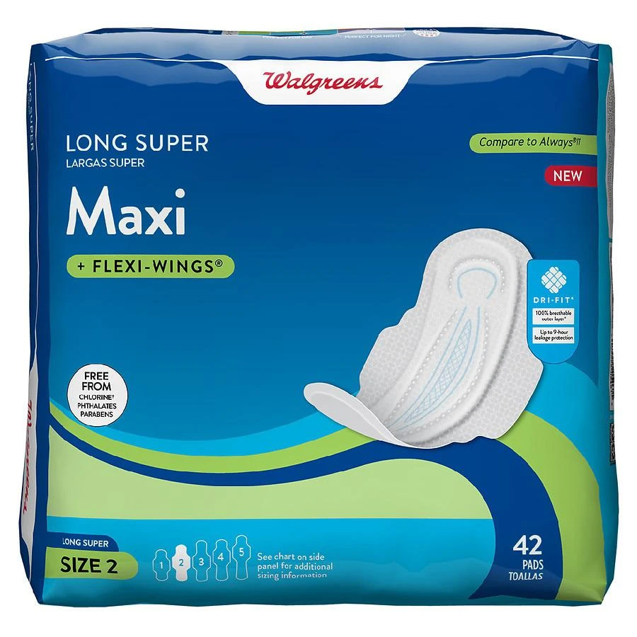 商品Walgreens|Maxi Pads, Long Super, With Flexi-Wings Size 2 (ct. 42),价格¥67,第1张图片