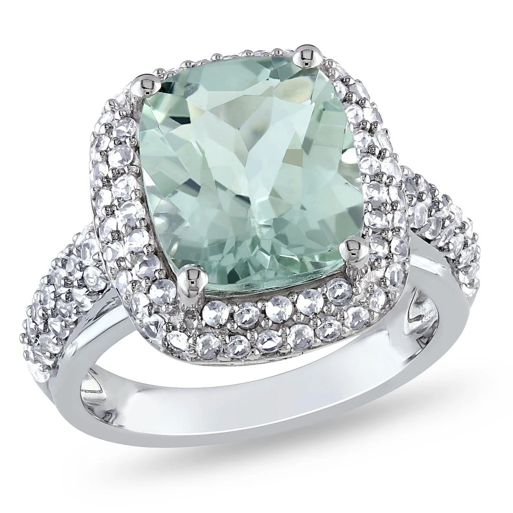 商品Mimi & Max|6ct TGW Cushion Cut Green Quartz and Created White Sapphire Double Halo Ring in Sterling Silver,价格¥707,第1张图片