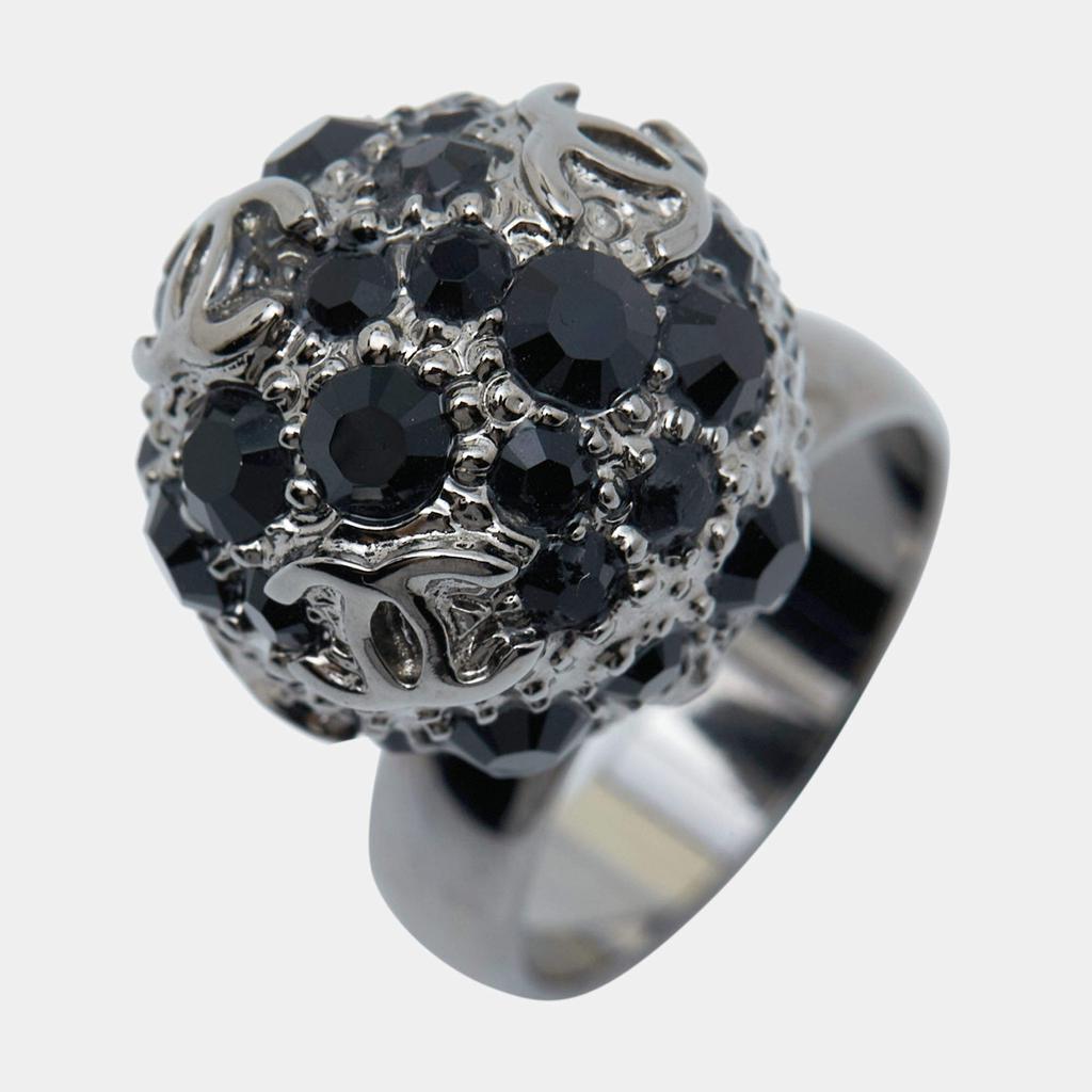 Chanel Gunmetal Tone Black Crystal CC Sphere Ring Size EU 52.5商品第3张图片规格展示