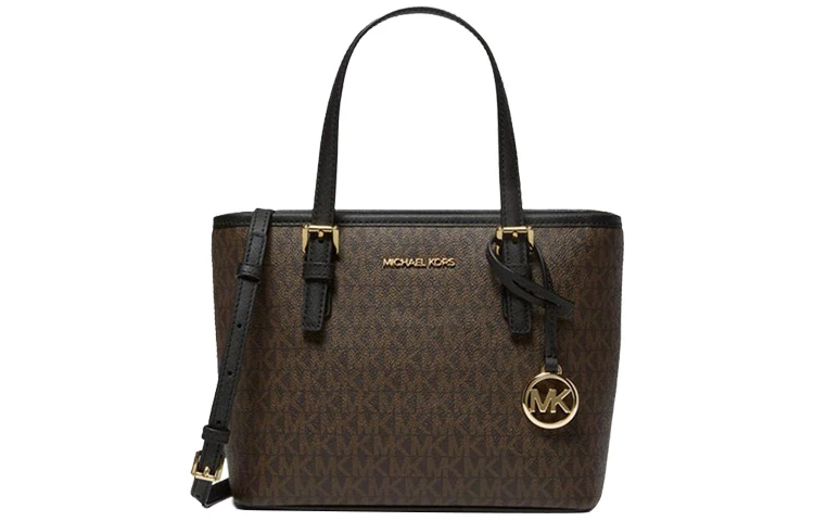 商品[国内直发] Michael Kors|迈克高仕 MK Jet Set 老花拼色 涂层帆布拼皮革饰边 托特包Tote包购物袋单肩斜挎手提包 迷你 女款 黑色拼棕色,价格¥1212,第1张图片