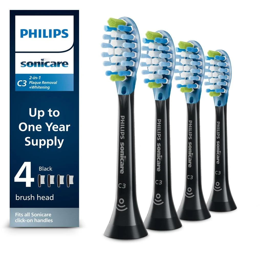 商品Philips Sonicare|Philips Sonicare C3 Two-in-One - Genuine Replacement Electric Toothbrush Heads, Black, 4 Pack One Year Supply, HX9044/95,价格¥248,第1张图片