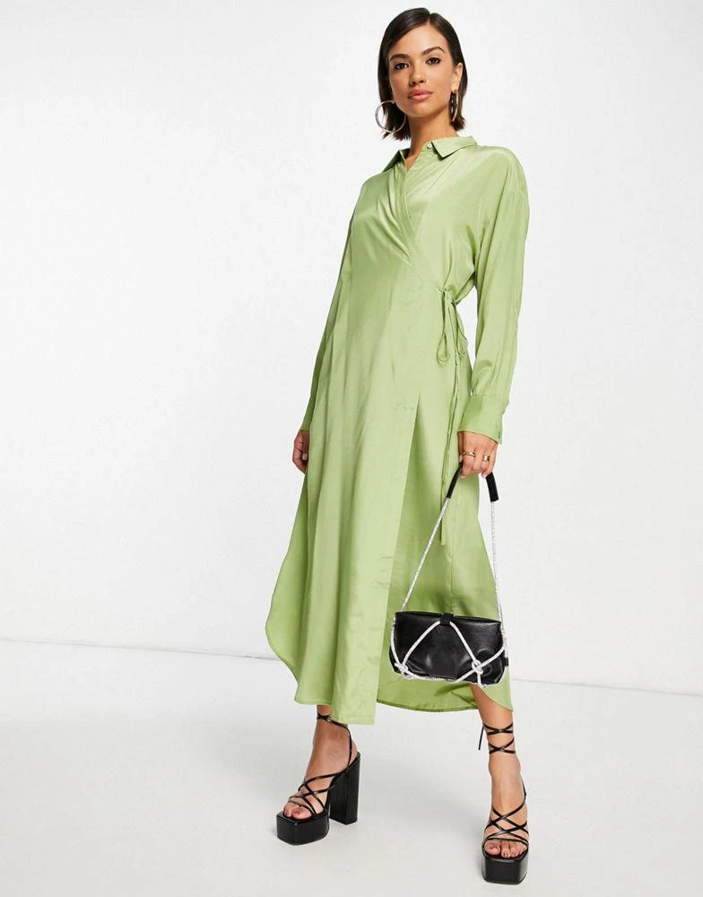 商品Mango|Mango wrap dress with tie detail in sage green,价格¥259,第4张图片详细描述