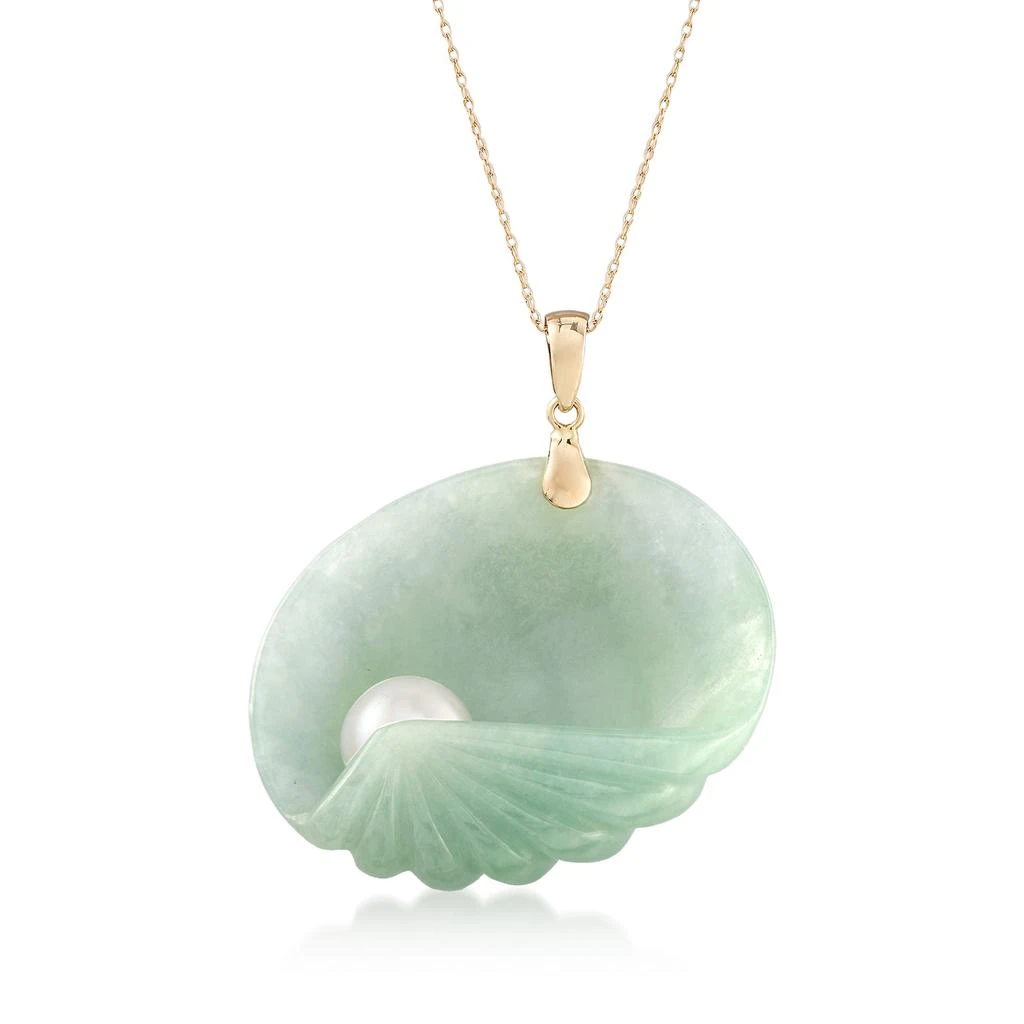 商品Ross-Simons|Ross-Simons 8mm Cultured Pearl and Green Jade Seashell Pendant Necklace in 14kt Yellow Gold,价格¥1344-¥1494,第3张图片详细描述