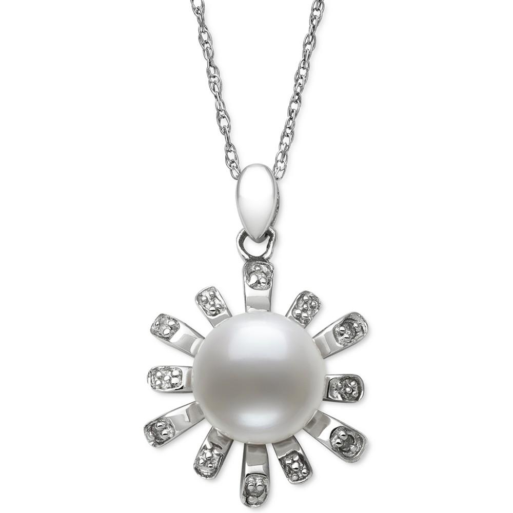 Cultured Freshwater Button Pearl (8mm) & Diamond Accent Sunburst 18" Pendant Necklace in Sterling Silver商品第1张图片规格展示