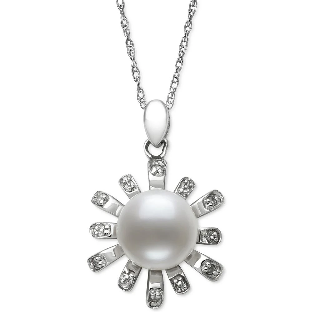 商品Belle de Mer|Cultured Freshwater Button Pearl (8mm) & Diamond Accent Sunburst 18" Pendant Necklace in Sterling Silver,价格¥470,第1张图片