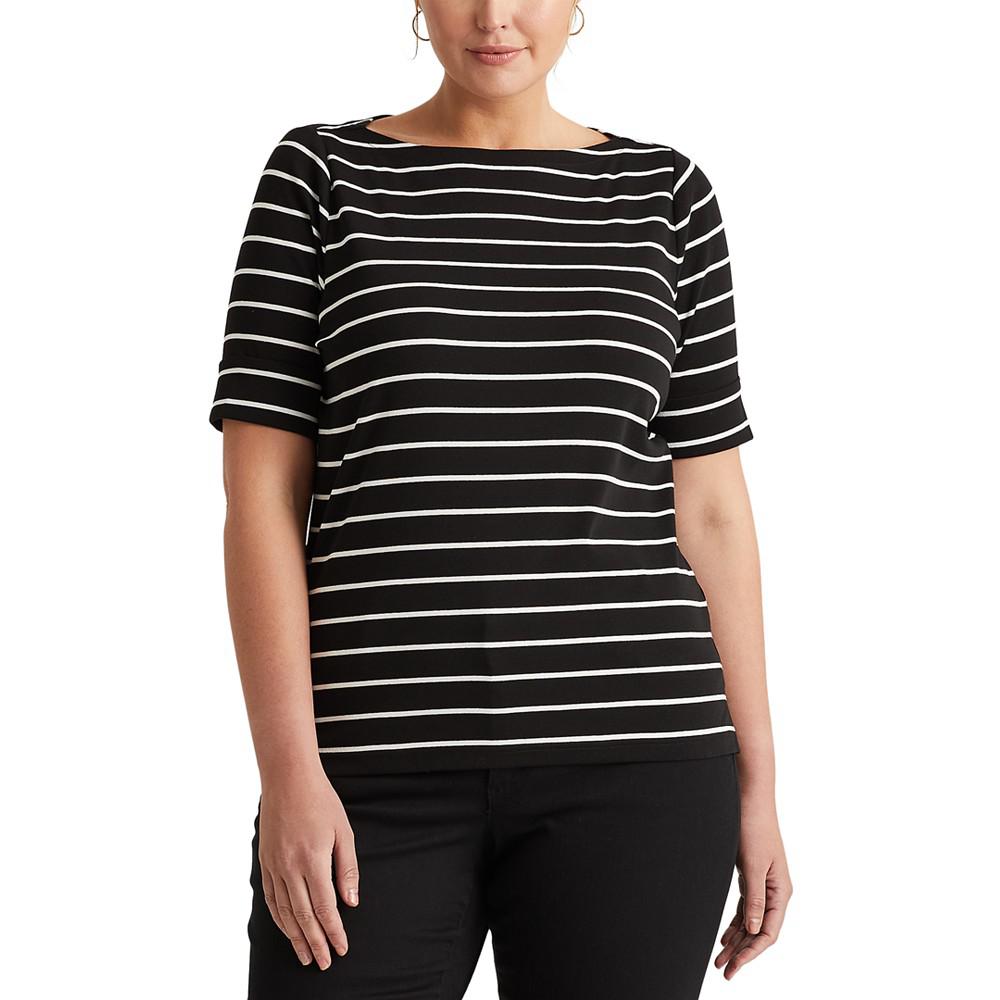 Plus Size Striped Cotton Boatneck T-Shirt商品第5张图片规格展示
