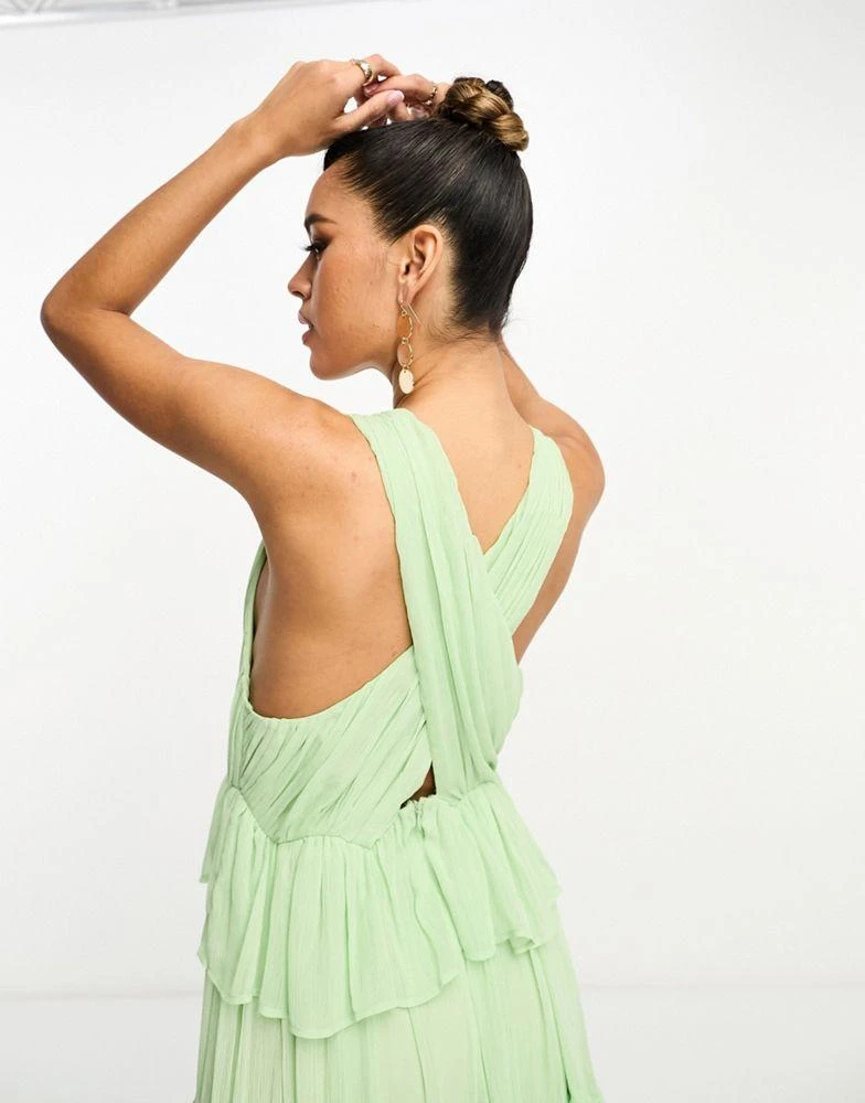 商品ASOS|ASOS DESIGN plunge pleated tiered midi dress in sage green,价格¥285,第4张图片详细描述