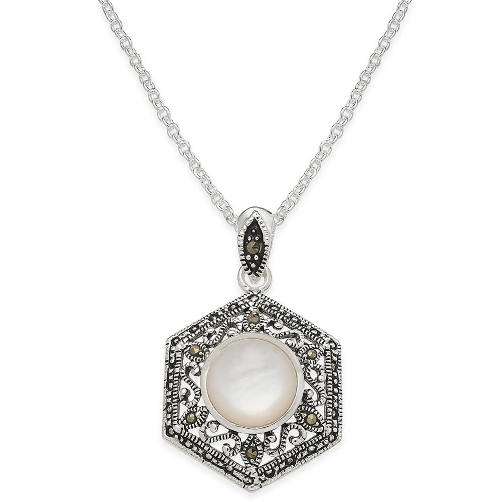 商品Macy's|Mother-of-Pearl and Marcasite Filigree Pendant Necklace in Silver-Plate,价格¥149,第1张图片