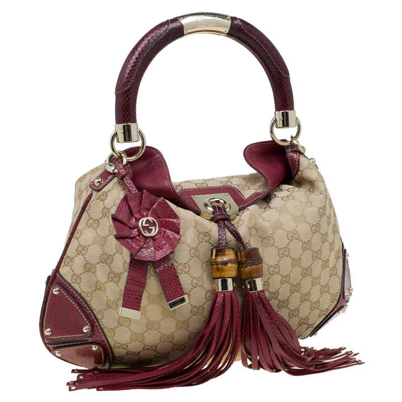 Gucci Beige/Red GG Canvas and Python Medium Indy Top Handle Bag商品第3张图片规格展示