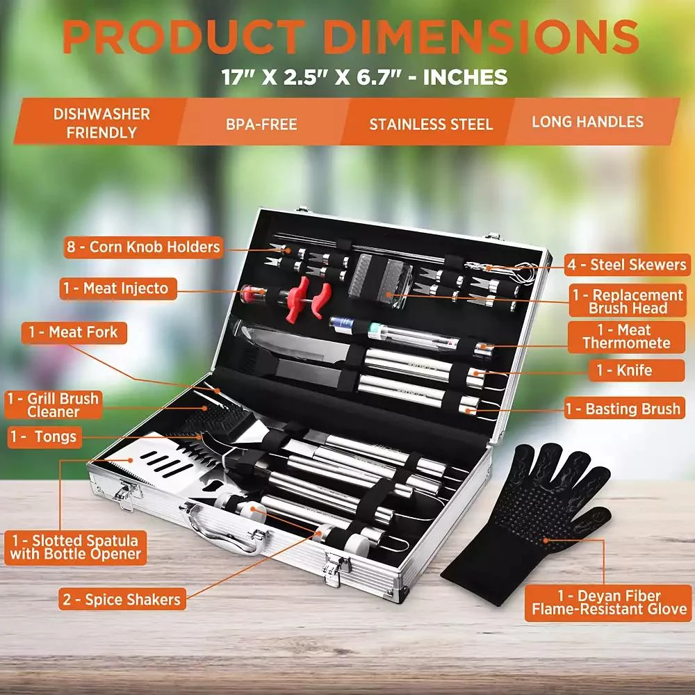 商品Commercial Chef|Premium 25 Piece Stainless Steel Barbeque Grill Tool Set with Aluminum Hard Case,价格¥358,第2张图片详细描述