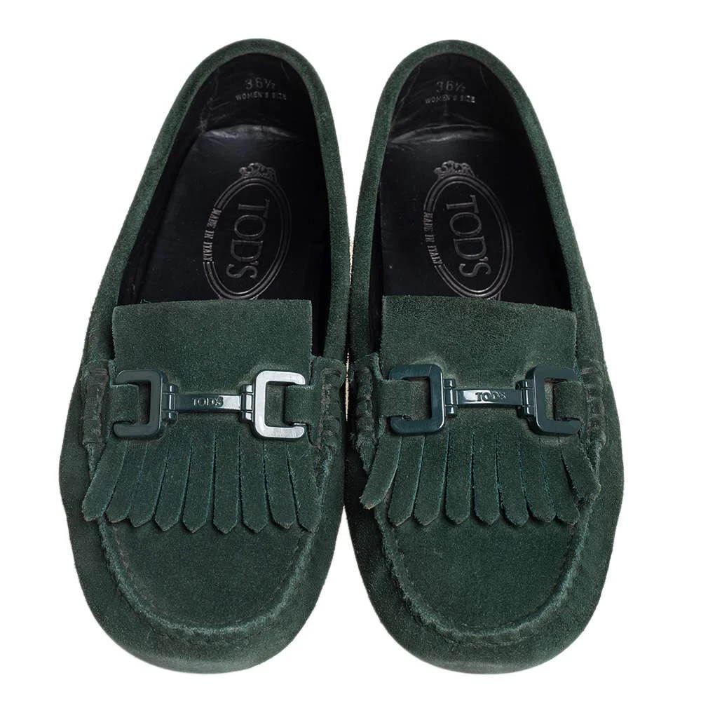 商品[二手商品] Tod's|Tod's Green Suede Fringe Slip On Loafers Size 36.5,价格¥798,第3张图片详细描述