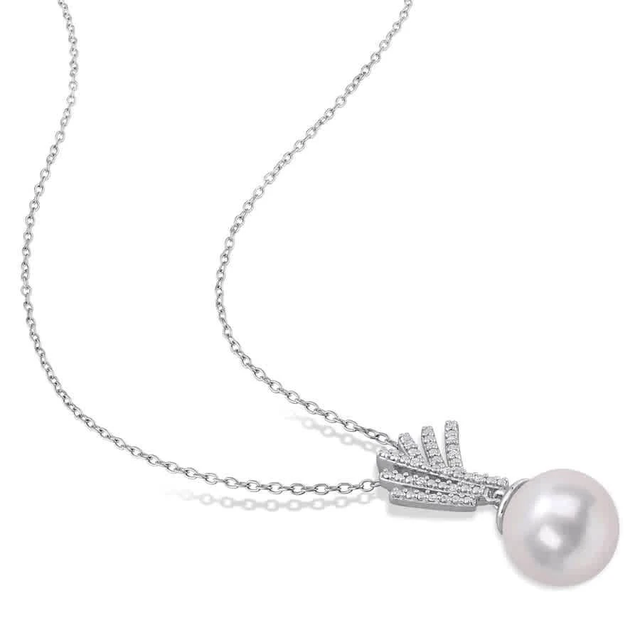 商品Amour|11-12mm Freshwater Cultured Pearl and Diamond Accent Drop Pendant with Chain In Sterling Silver,价格¥609,第3张图片详细描述