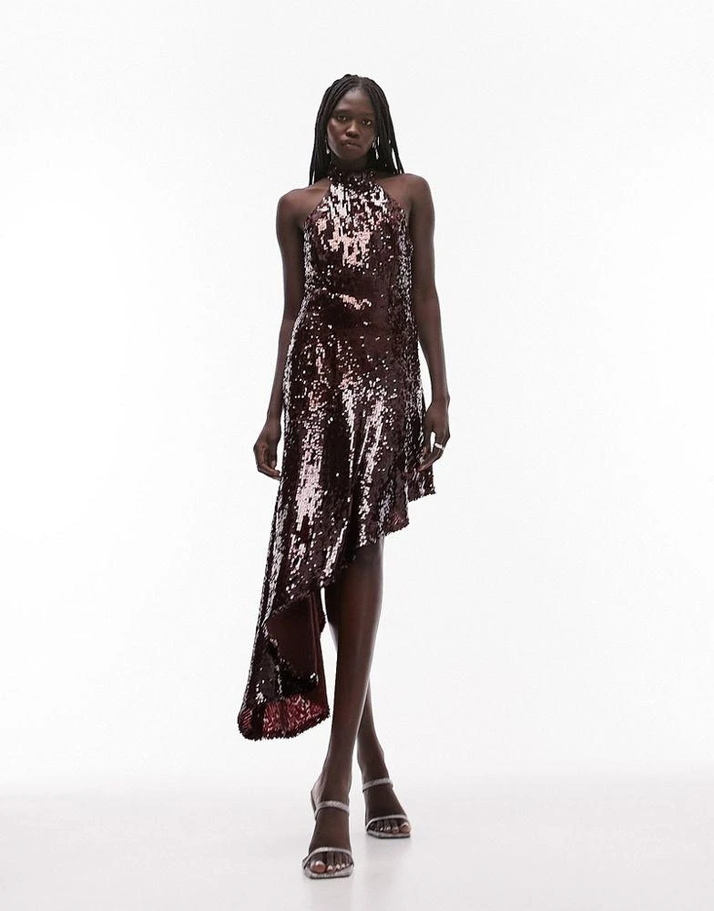 商品Topshop|Topshop sequin halter asymmetric midi dress in burgundy,价格¥426,第1张图片