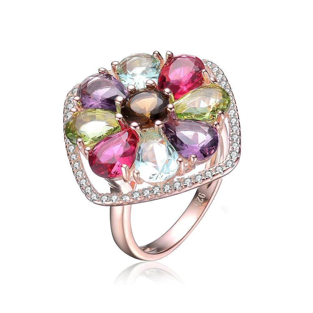 商品Genevive|Sterling Silver 18K Rose Gold Plated Multi Color Cubic Zirconia Accent Flower Setting Ring,价格¥750,第1张图片