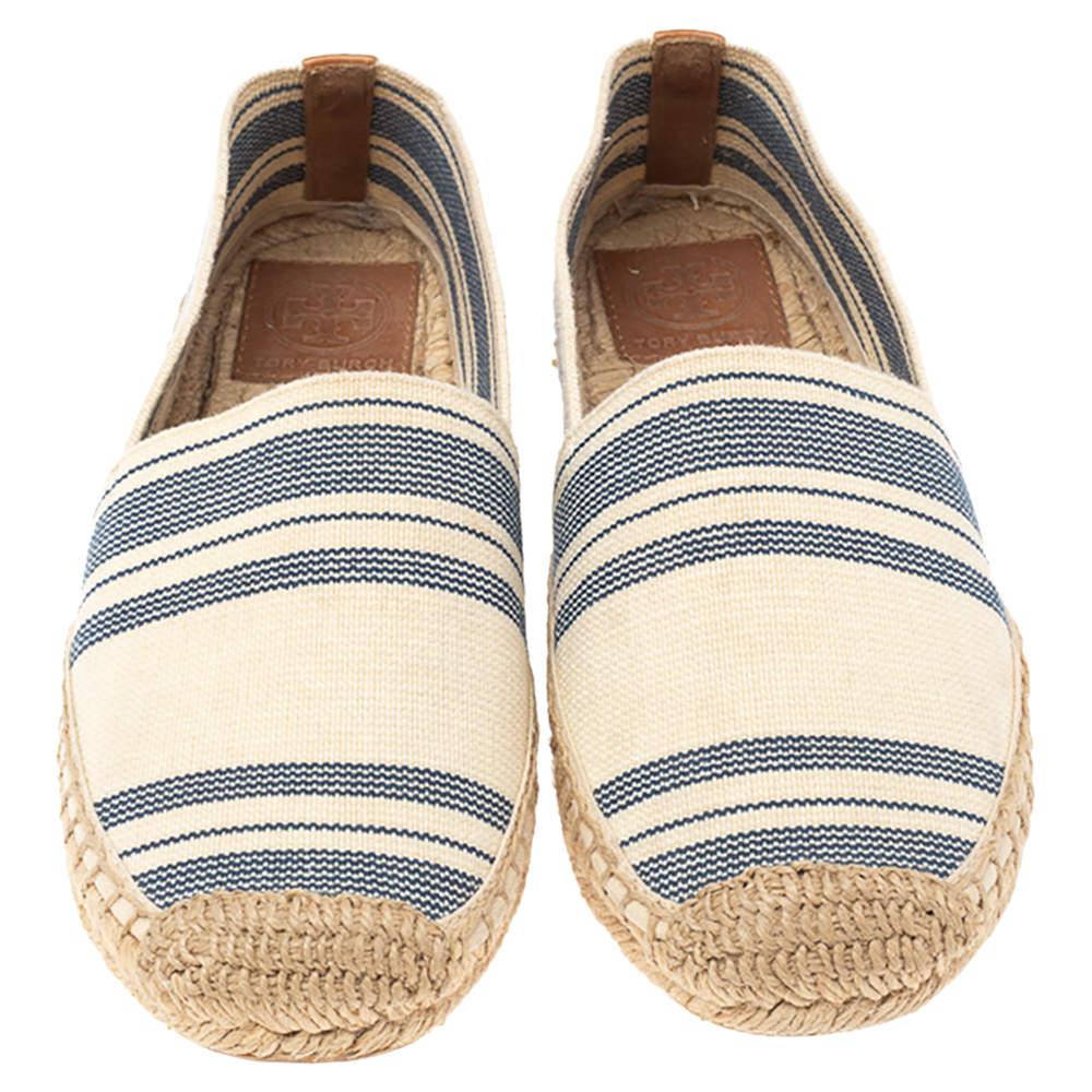 Tory Burch Cream/Blue Striped Canvas Espadrilles Loafers Size 36.5商品第3张图片规格展示
