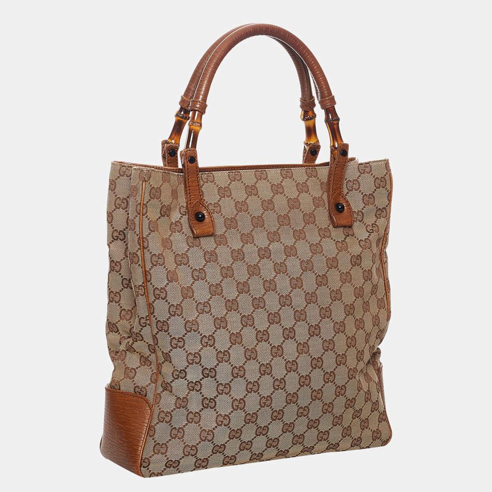 Gucci Beige/Brown GG Canvas Bamboo Tote Bag商品第2张图片规格展示