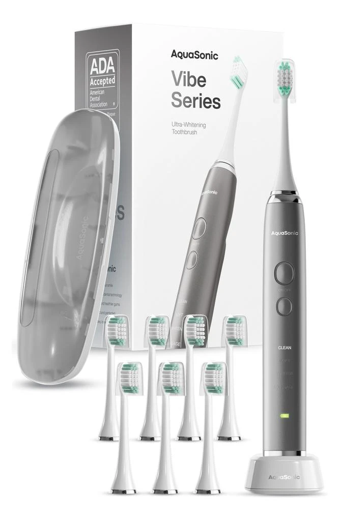 商品AquaSonic|VIBE Series Charcoal Gray UltraSonic Whitening Toothbrush with 8 DuPont Brush Heads & Travel Case,价格¥304,第1张图片