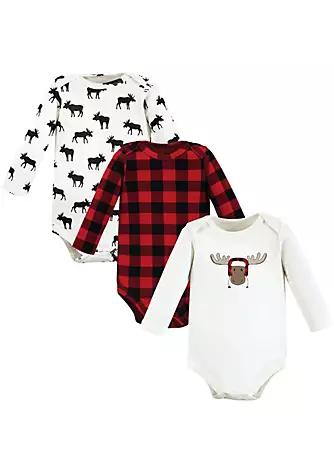 Hudson Baby Infant Boy Cotton Long-Sleeve Bodysuits, Winter Moose 3-Pack商品第1张图片规格展示