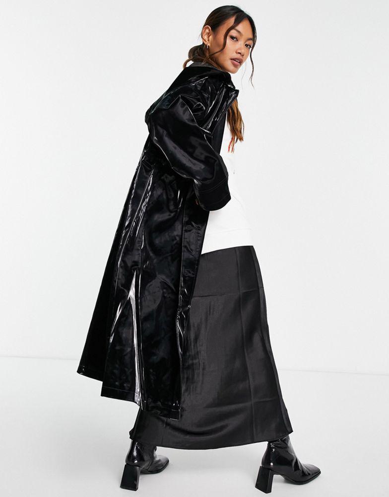 Topshop hooded PU parka coat in black商品第2张图片规格展示
