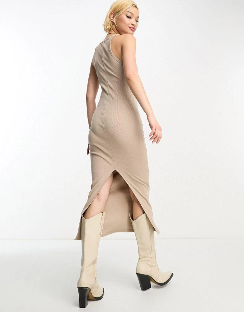 商品Bershka|Bershka ribbed racer neck bodycon midi dress in sand,价格¥170,第4张图片详细描述