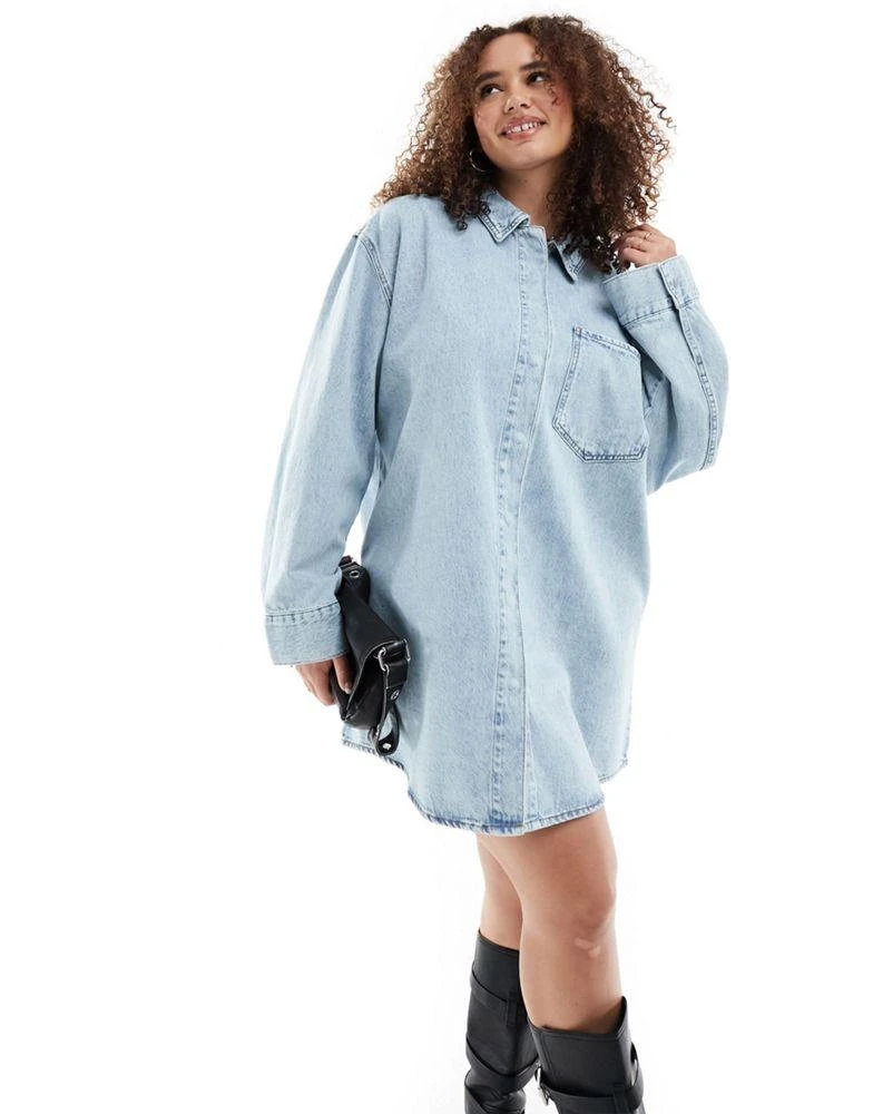 商品ASOS|ASOS DESIGN Curve denim mini shirt dress with front pockets in bleach wash,价格¥289,第1张图片