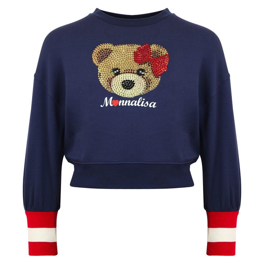 商品MONNALISA|Navy Embellished Teddy Head Motif Cropped Sweatshirt,价格¥676,第1张图片