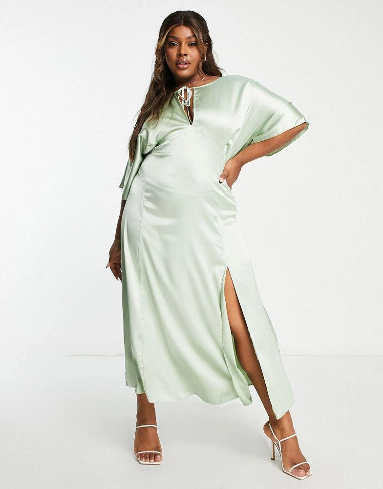 商品ASOS|ASOS DESIGN Curve panelled satin midi dress with keyhole in sage green,价格¥290,第3张图片详细描述