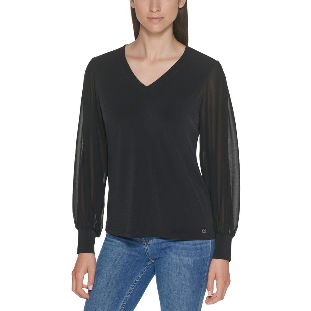 Calvin Klein Womens V Neck Chiffon Sleeve Pullover Top商品第2张图片规格展示