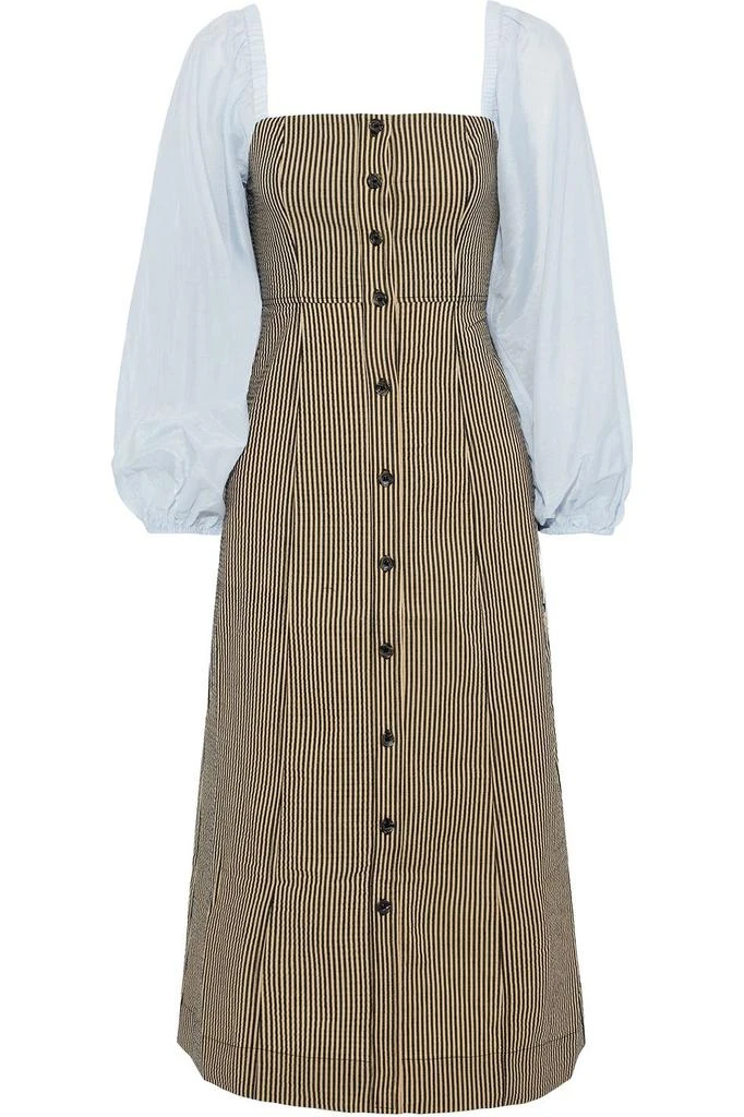 商品Ganni|Voile-paneled striped cotton-blend seersucker midi dress,价格¥1050,第1张图片