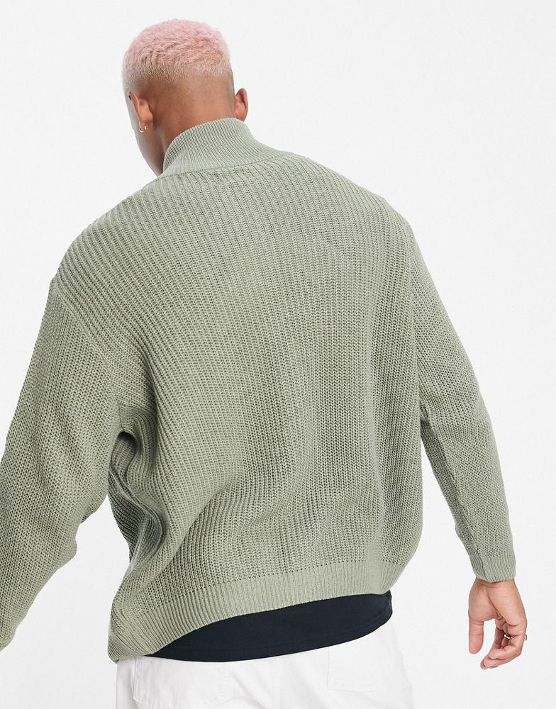 ASOS DESIGN knitted oversized fisherman rib zip through jumper in sage green商品第2张图片规格展示