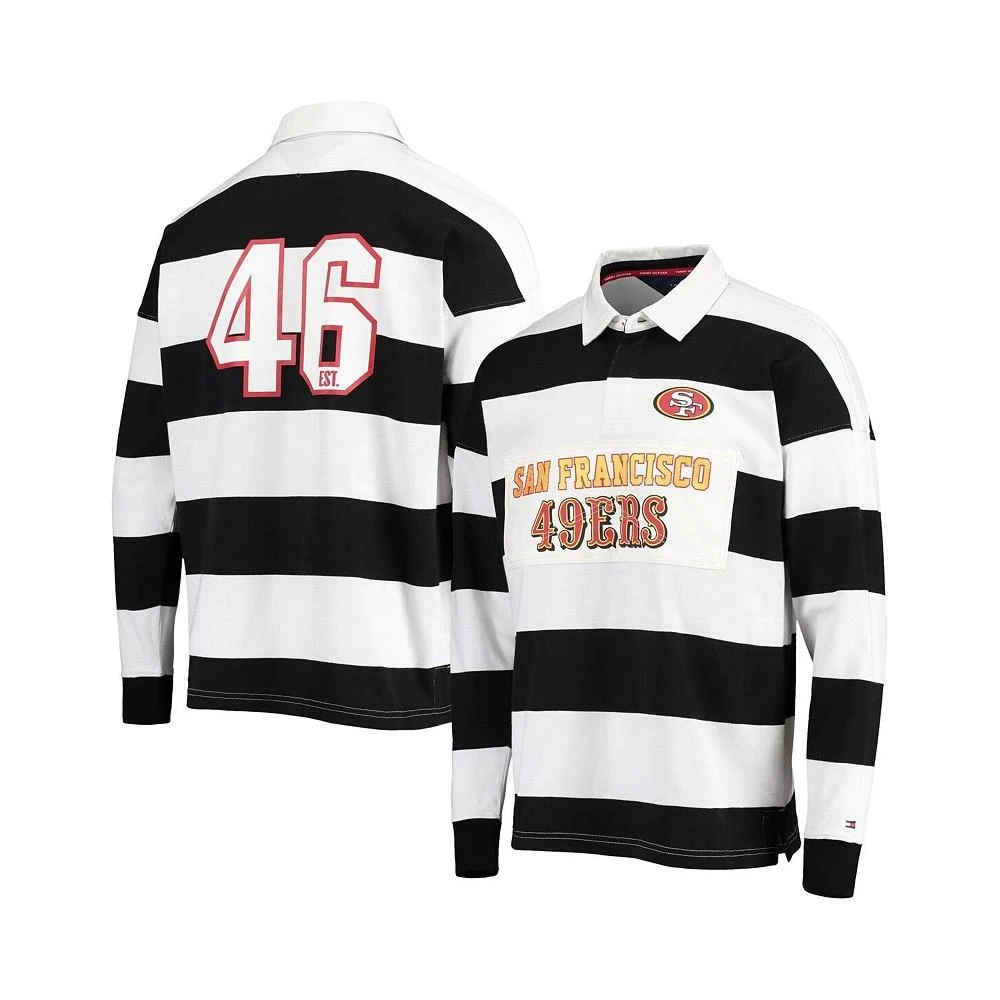商品Tommy Hilfiger|Men's Black, White San Francisco 49ers Varsity Stripe Rugby Long Sleeve Polo Shirt,价格¥974,第1张图片