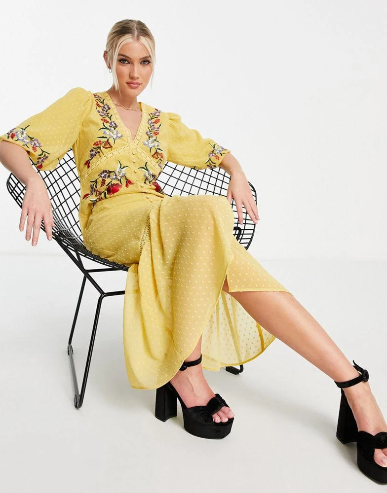 商品Hope & Ivy|Hope & Ivy Juliana embroidered midi dress in yellow,价格¥824,第1张图片