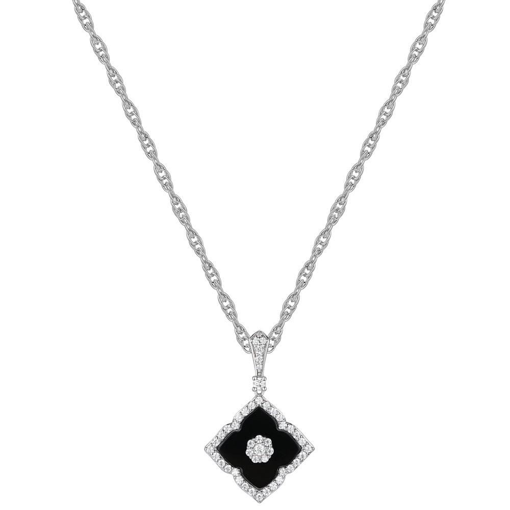 Onyx & Diamond (1/4 ct. t.w.) Flower 18" Pendant Necklace in 14k White Gold商品第1张图片规格展示