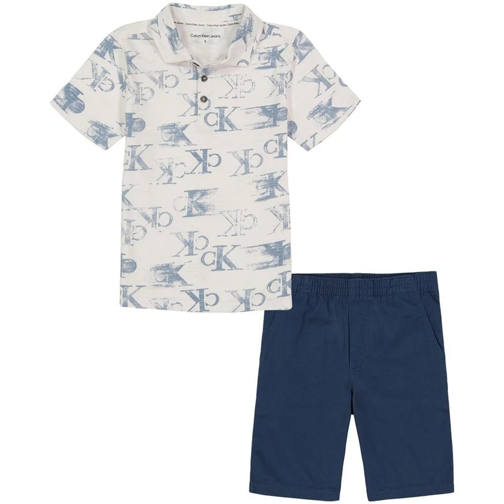 商品Calvin Klein|Toddler Boys Slub Jersey Monogram Print Polo Shirt and Twill Shorts, 2 Piece Set,价格¥270,第1张图片