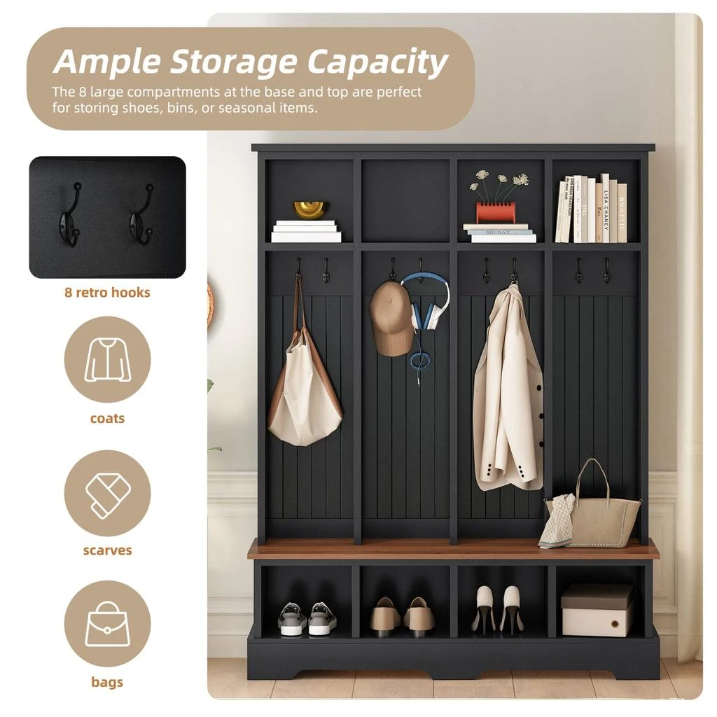 商品Streamdale Furniture|Streamdale Farmhouse Hall Tree with Bench, Coat & Shoe Rack - Black,价格¥3008,第4张图片详细描述