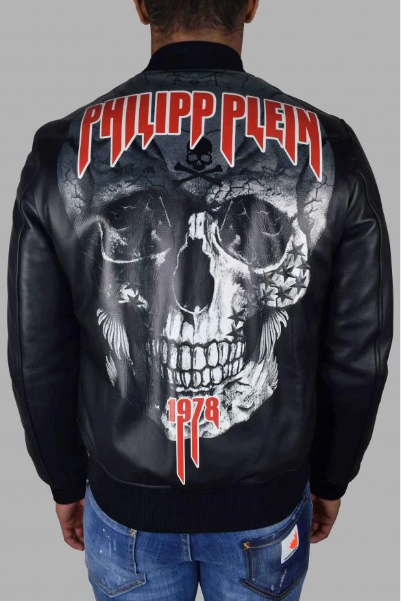 商品Philipp Plein|Men's luxury jacket philipp plein bomber jacket in black leather with skull and red logo,价格¥10360,第4张图片详细描述