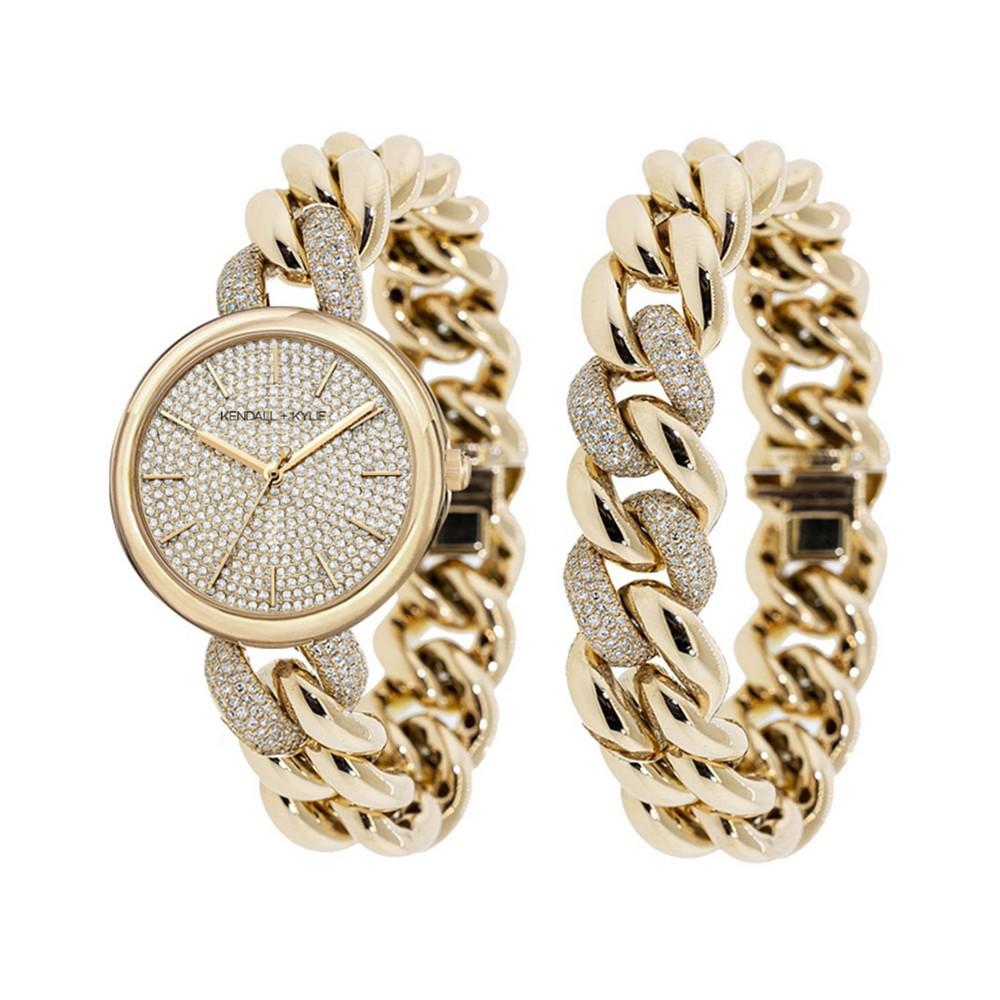 Women's Gold Tone and Crystal Chain Link Stainless Steel Strap Analog Watch and Bracelet Set 40mm商品第1张图片规格展示