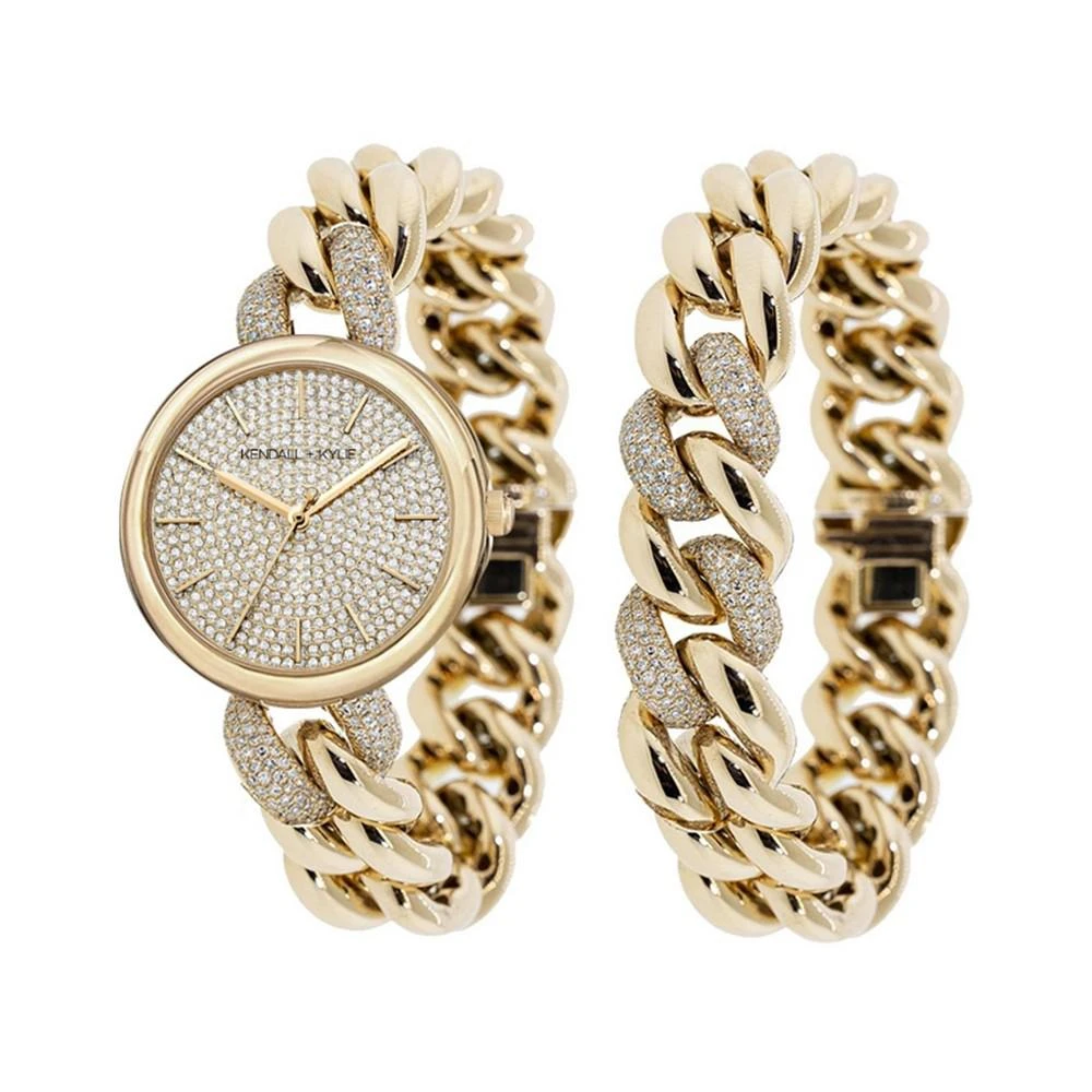 商品KENDALL & KYLIE|Women's Gold Tone and Crystal Chain Link Stainless Steel Strap Analog Watch and Bracelet Set,价格¥150,第1张图片