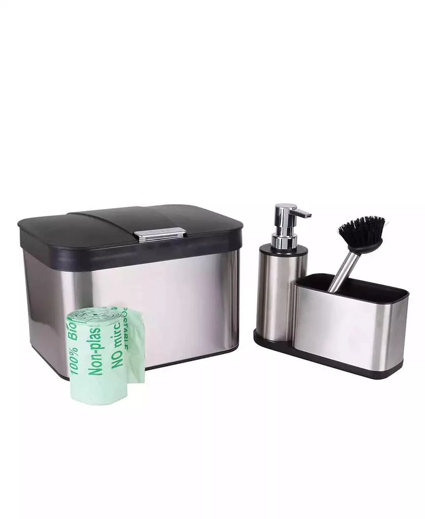 商品Organize it All|Stainless Steel Compost Bin Set with Biodegradable Bags, Sink Organizer & Scrub Brush,价格¥593,第1张图片
