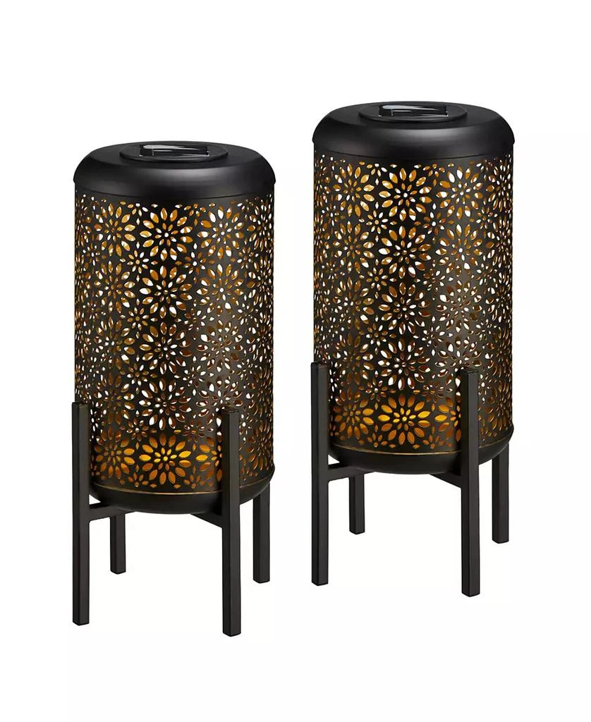 商品Glitzhome|14.25" H Set of 2 Black and Gold-Tone Metal Cutout Flower Pattern Solar Powered LED Outdoor Lantern with Stand,价格¥377,第1张图片