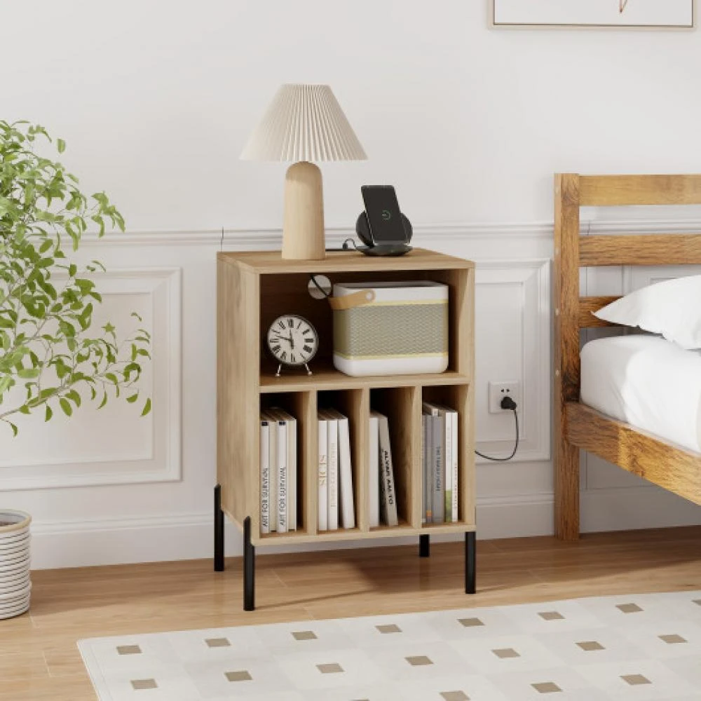 商品Hivvago|Record Player Stand with Record Storage Shelf and Charging Station-Natural,价格¥766,第1张图片