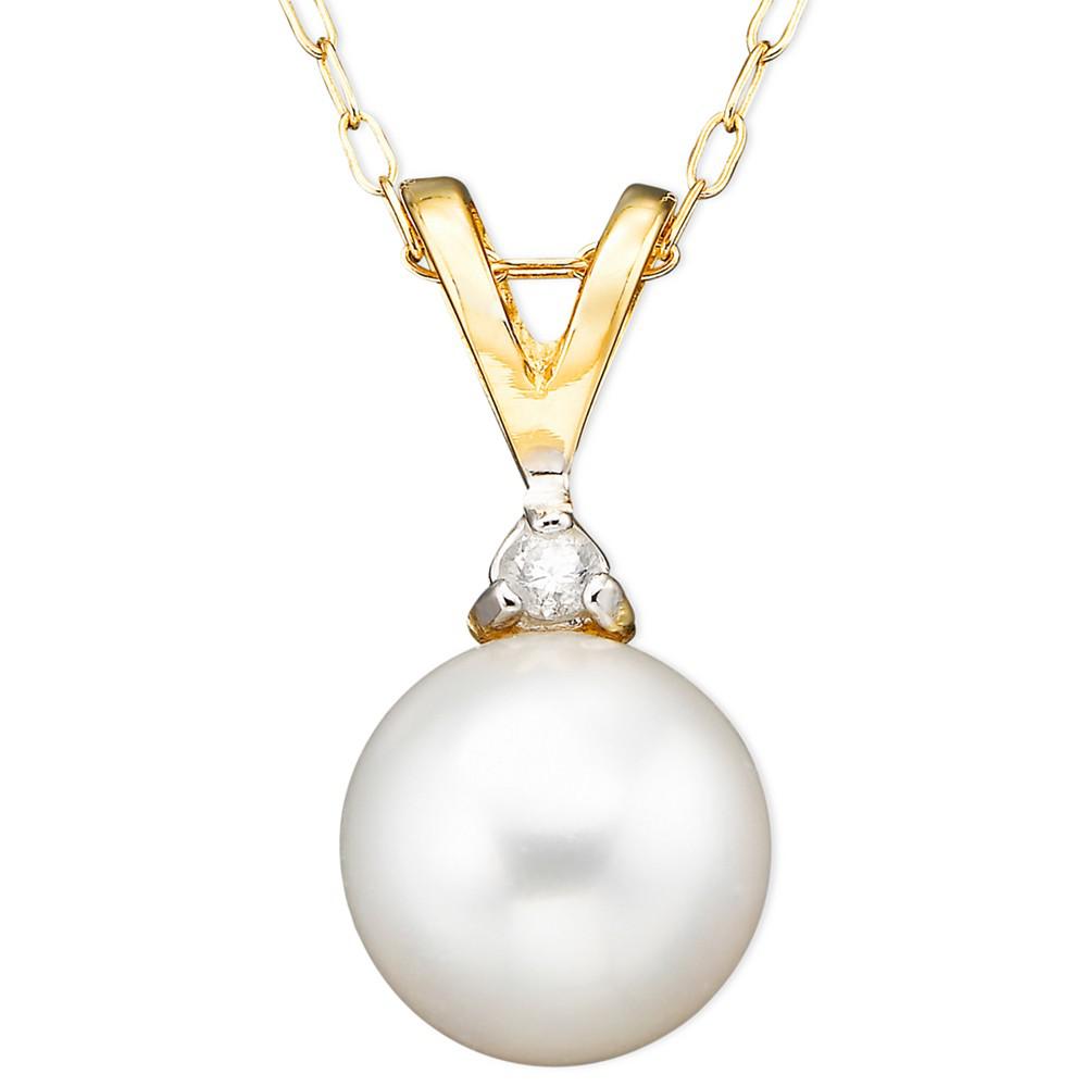 Pearl Cultured Freshwater Pearl (6-1/2mm) and Diamond Accent Pendant Necklace in 14k Gold商品第1张图片规格展示
