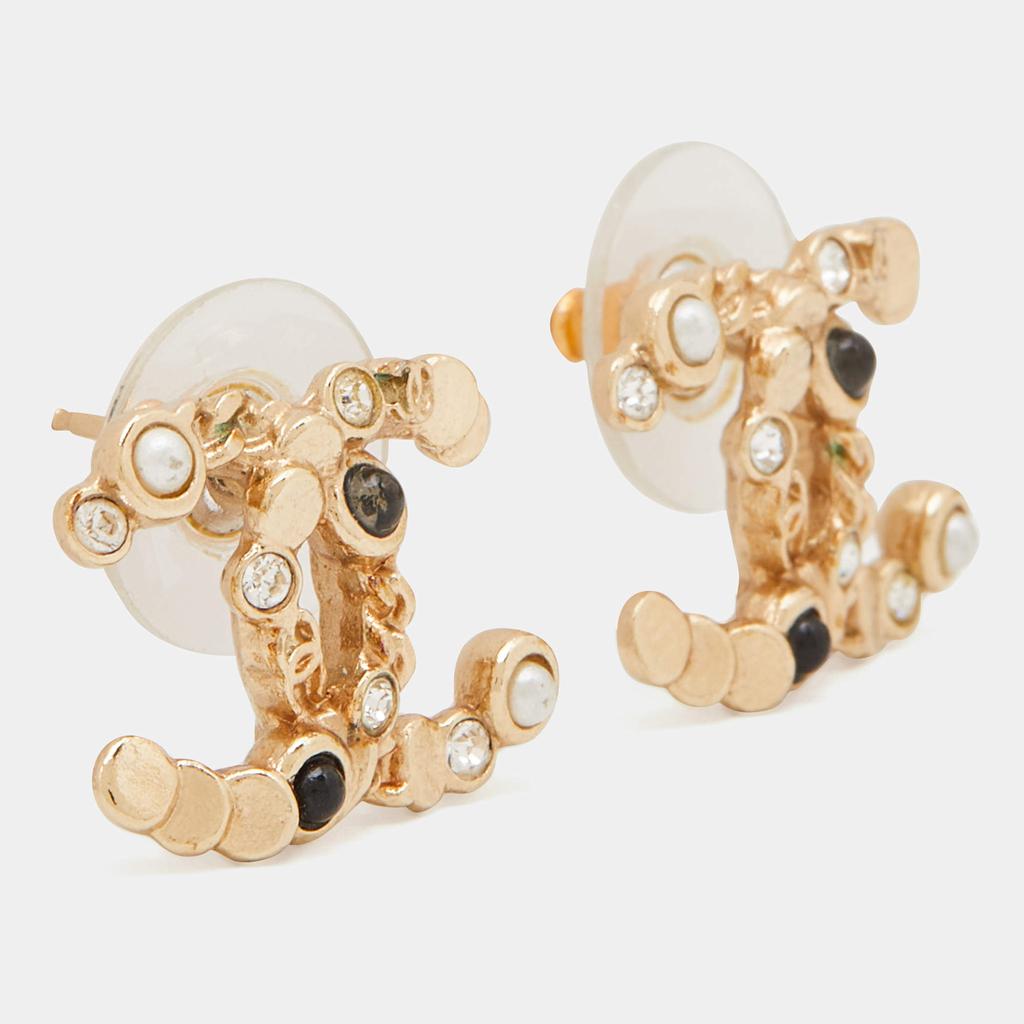 Chanel Gold Tone Crystal CC Chain Stud Earrings商品第2张图片规格展示