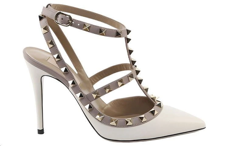 商品[国内直发] Valentino|华伦天奴 Rockstud 尖头搭扣 铆钉鞋 细跟 高跟鞋 10cm 女款 白色,价格¥7569,第3张图片详细描述