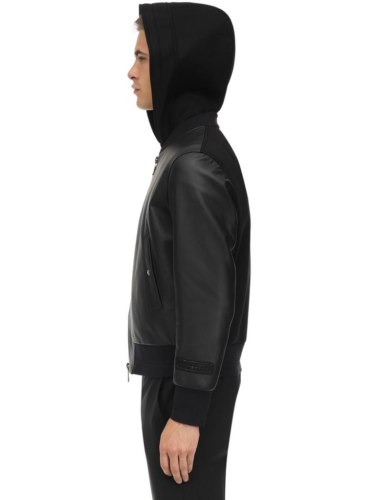 Hooded Leather Bomber Jacket商品第2张图片规格展示