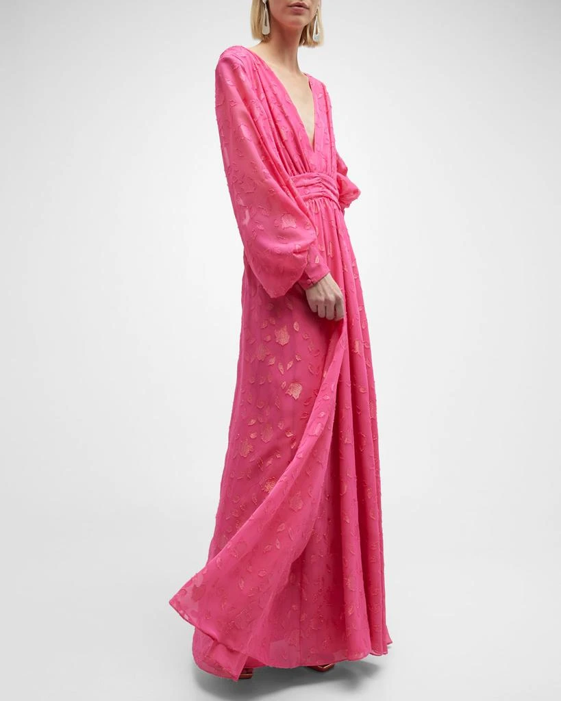 Deep V-Neck Balloon-Sleeve Floral Burnout Gown 商品