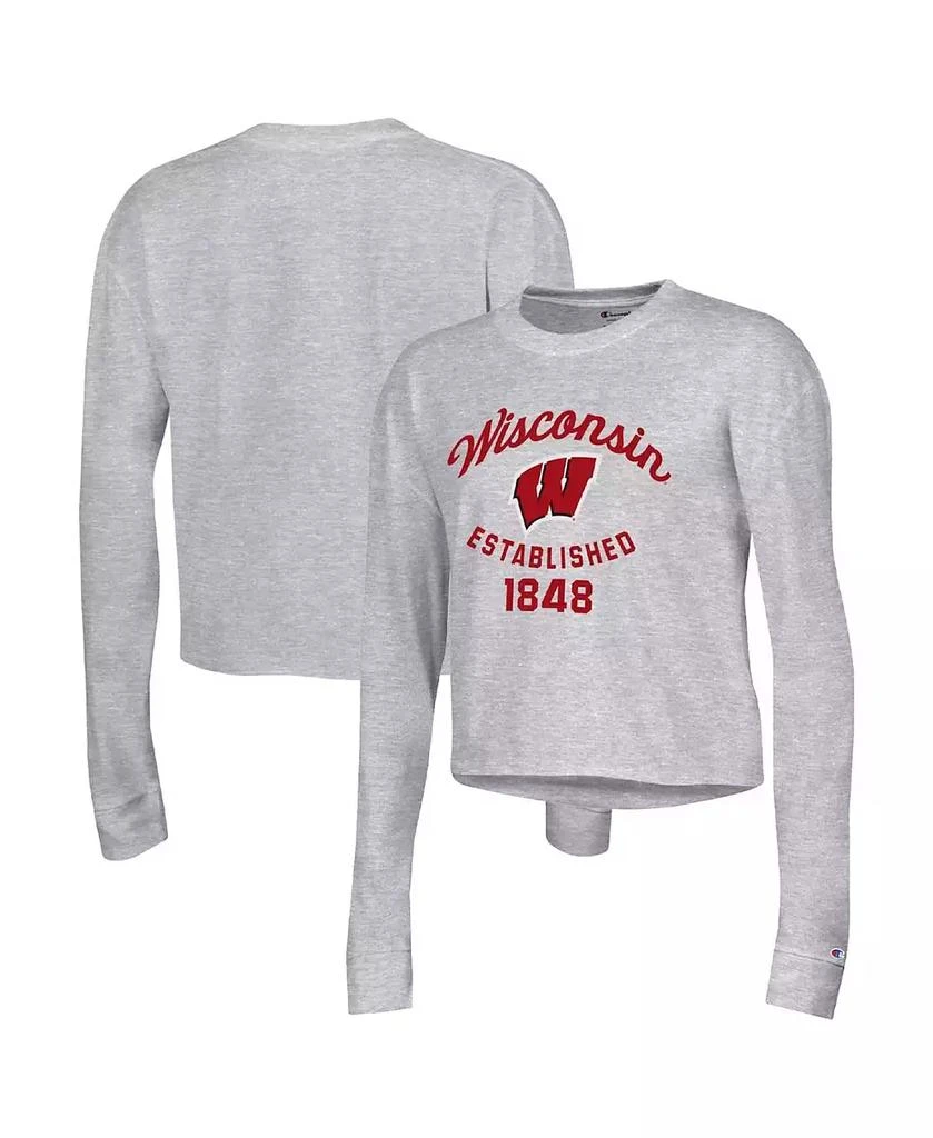 商品CHAMPION|Women's Gray Wisconsin Badgers Boyfriend Cropped Long Sleeve T-shirt,价格¥262,第1张图片